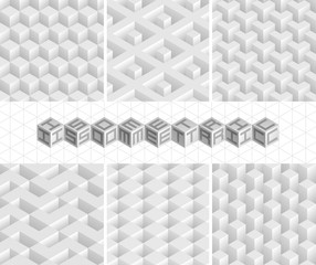 Fototapete - Set of vector isometric textures. Six white seamless patterns. Collection of geometric patterns for your design.