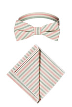 A Cloth Bow Tie And Pocket Square Isolated On A White Background. The Neckwear Pre-tied In A Classic Butterfly Shape. Elegant Accessories For Men's Formal Suits. Pale Green, Faded Pink, White Stripes.