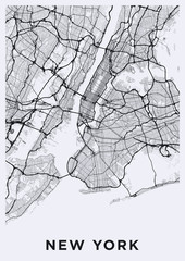 Wall Mural - Light New York City map. Road map of New York (United States). Black and white (light) illustration of new york streets. Transport network of the Big Apple. Printable poster format (portrait).