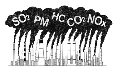 Sticker - Vector artistic pen and ink drawing illustration of smoke coming from industry or factory smokestacks or chimneys into air. Environmental concept of air pollution.