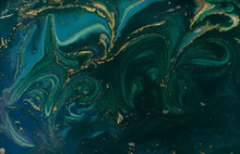 Green And Blue Marble Abstract Acrylic Background. Marbling Artwork Texture. Agate Ripple Pattern. Gold Powder.