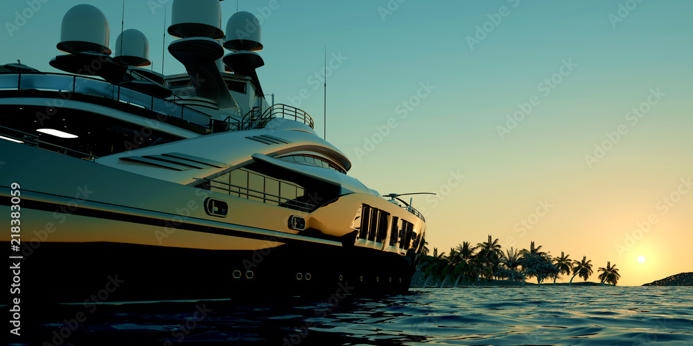 Extremely detailed and realistic high resolution 3d illustration of a luxury Mega Yacht. - obrazy, fototapety, plakaty 