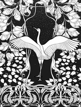 Poster, Background With Decorative Flowers And Bird In Art Nouveau Style. Black-and-white Graphics.

