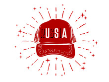 Red Baseball Cap On White. USA. Russia. Emblem. Monochrome Graphic Style. Badge. Vector Illustration