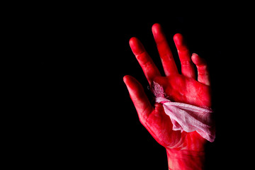 Fototapeta bloody theme lone murderer: the murderer shows bloody hands and experiencing depression and pain