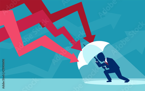 Fotomural Vector of a businessman with umbrella resisting falling red arrows