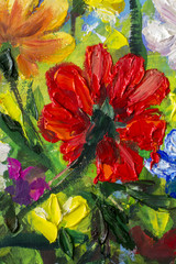 Sticker - Original handmade abstract oil painting bright flowers made palette knife. Red, yellow, blue, purple abstract flowers. Macro impasto painting.