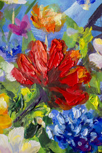 Big Multicolored Spring Flowers Impressionist Palette Knife Oil Painting Fragment Close-up Macro Artwork Flower Nature