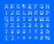 White architectural sketches of english alphabet on blue. Blueprint style font on blue