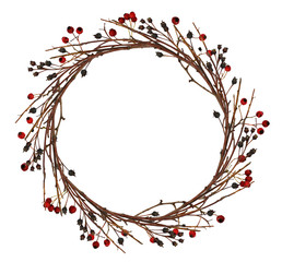 Wall Mural - round wreath from dry twigs and yellow autumn with black and red berries