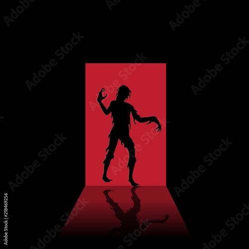 Fotografía Horror illustration with zombie and open door. Halloween poster