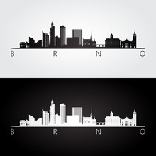 Brno Skyline And Landmarks Silhouette, Black And White Design, Vector Illustration.