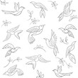 Seamless line pattern with little birds and leaves. Vector illustration.