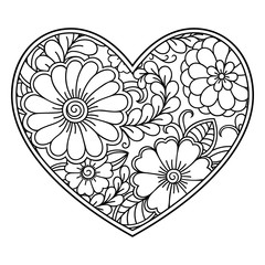 Mehndi flower pattern in form of heart with lotus for Henna drawing and tattoo. Decoration in ethnic oriental, Indian style. Coloring book page.