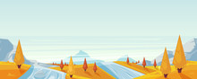 Seamless Horizontal Autumn Landscape Background. Vector Fall Season Illustration Of Mountains, Hills, Lake
