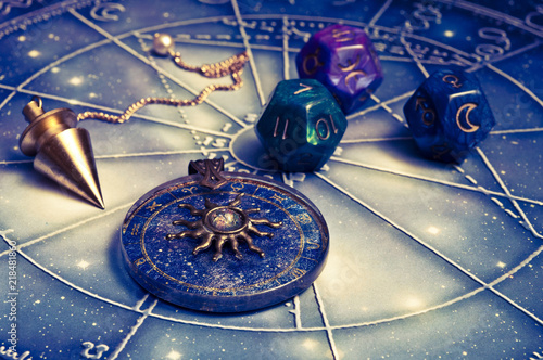 Fotomural horoscope with zodiac signs, astrology dice, pendulum, sun astrology pendant and