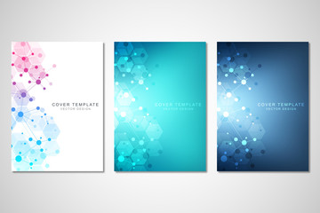 Wall Mural - vector template for brochure or cover with molecular structure background and connected lines and do