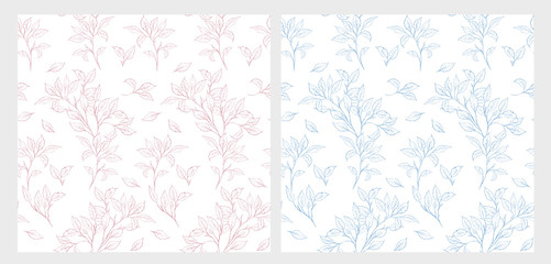 Hand Drawn Pink and Blue Twigs Vector Patterns Set. Delicate Romantic Illustrations. White Background.