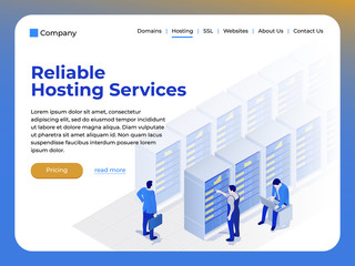 Wall Mural - hosting room and people in flat 3d isometric style. computation of big data center, database, inform