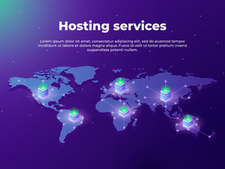 Wall Mural - computing services concept. servers on the world map. concept of big data processing, server room ra