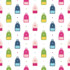 Wall Mural - Cute and colorful cartoon style school bags and dots seamless pattern background for back to school design.
