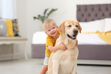 Wall Mural - Adorable yellow labrador retriever and little boy at home