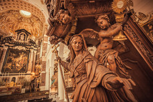 Angels And Mother Of God Witj Cross, Wooden Statue In 17th Century Catholic Church Saint Charles Borromeo, Belgium