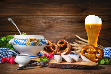 Wall Mural - Bavarian sausages with pretzels, sweet mustard and beer