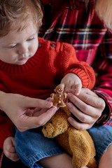 Wall Mural - Mother and toddler baby holding Christmas gingerman cookie at home. Red clothes, autumn season