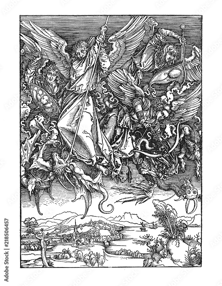 Saint Michael Slaying the Dragon is a woodcut of 1498 by Albrecht Dürer ...