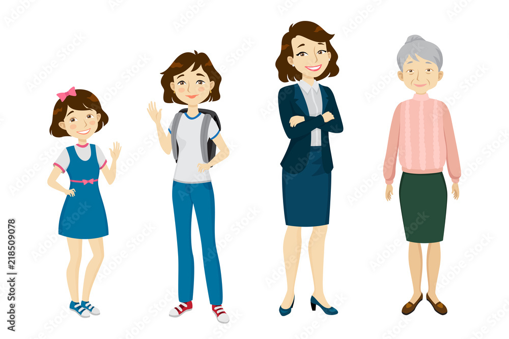 Female of various age character set with different gestures, poses ...