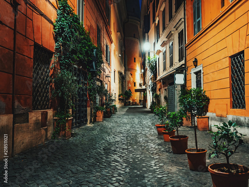 Evening or night view of old cozy street in Rome, Italy. Cityscape of italian capital with nobody. © kohanova1991