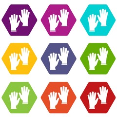 Wall Mural - Medical gloves icon set many color hexahedron isolated on white vector illustration