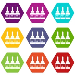 Wall Mural - Three tattoo ink bottles icon set many color hexahedron isolated on white vector illustration