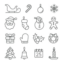 Christmas And New Year Related Icons: Thin Vector Icon Set, Black And White Kit