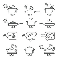 Cooking related icons: thin vector icon set, black and white kit