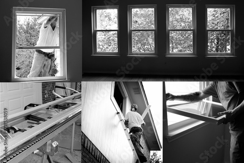 Black And White Construction Collage Of Installing New Windows In Black And White Construction Collage Of