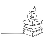 Continuous Line Drawing. Stack Of Books With Apple. Vector Illustration