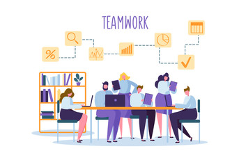 Wall Mural - corporate business team people behind desk. flat characters office workers. teamwork concept. cowork