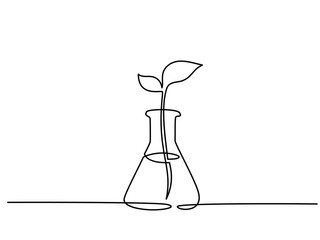 Continuous one line drawing. Chemical lab retort with sprout plant. Vector illustration