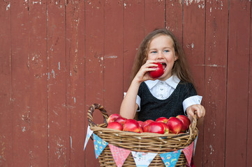 Cute little girl with a basket of red apples