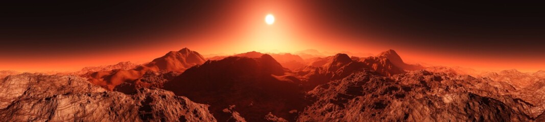 a beautiful martian landscape at sunrise. panorama of mars. 3d rendering