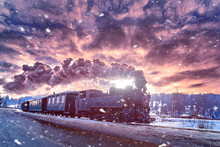 Mocanita,the Steam Train From Bucovina Travel In Winter Time