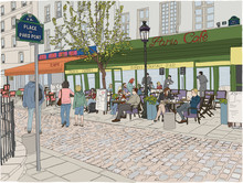 People Enjoying The Day At A Cafe In Paris, With Cobblestone Streets And A Traditional Cafe Scene. Hand Drawn Illustration.