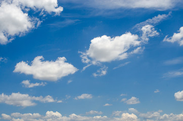 Blue sky with white clouds different shapes them.