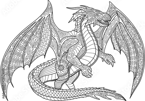 Fotografia  Coloring book page with dragon on white background