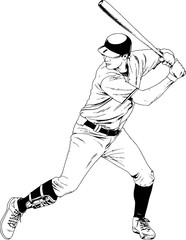 baseball player with a bat in the pose drawn with ink hand sketch 