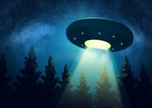 Ufo Is Hovering Over The Trees. Digital Painting 3d Render Mix