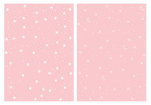 Cute Stars And Moons Seamless Vector Patterns Set. White Stars And Moon Isolated On A Pink Background. Light Pink Pastel Simple Infantile Sky Design.