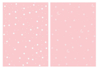 Cute Stars and Moons Seamless Vector Patterns Set. White Stars and Moon Isolated on a Pink Background. Light Pink Pastel Simple Infantile Sky Design.